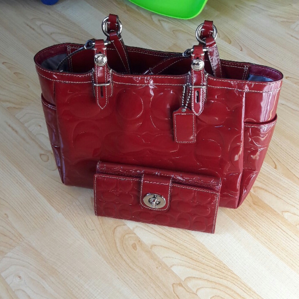 Coach Crimson Red Leather Embossed Tote & wallet